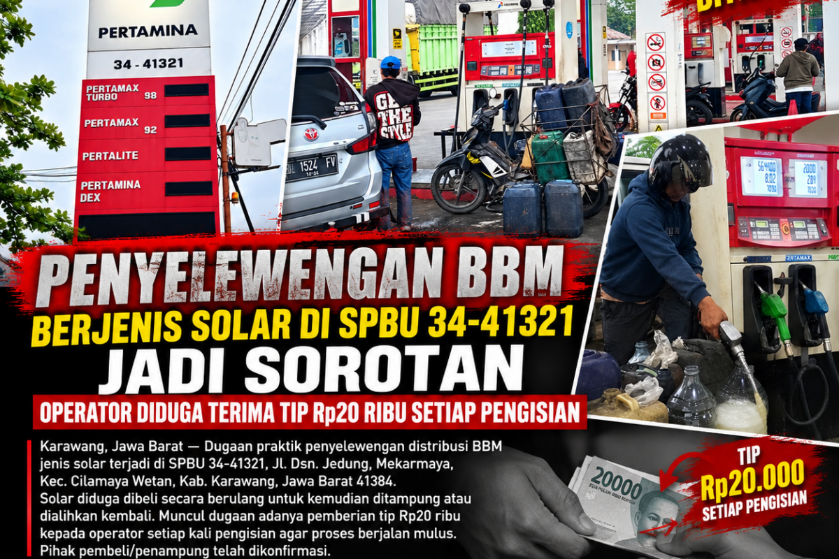 PENYELEWENGAN BBM BERJENIS SOLAR DI SPBU 34-41321 JADI SOROTAN, OPERATOR DIDUGA TERIMA TIP Rp20 RIBU SETIAP PENGISIAN